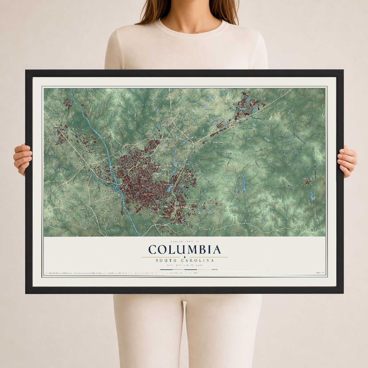 Map of Columbia, South Carolina, 24 x 36 inch print in a black wood frame