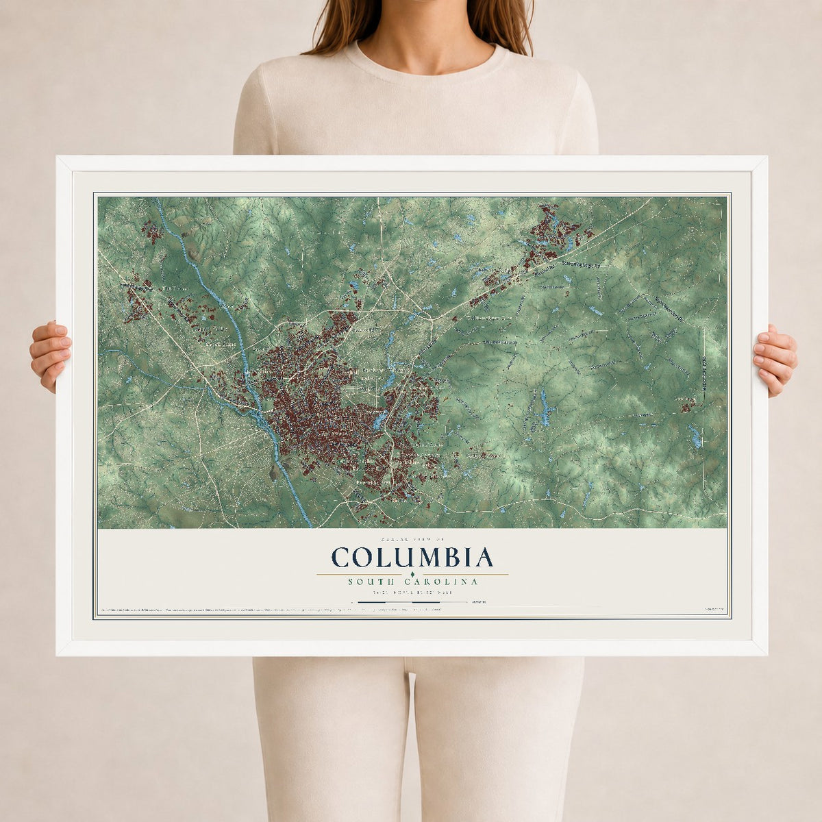 Map of Columbia, South Carolina, 24 x 36 inch print in a white wood frame