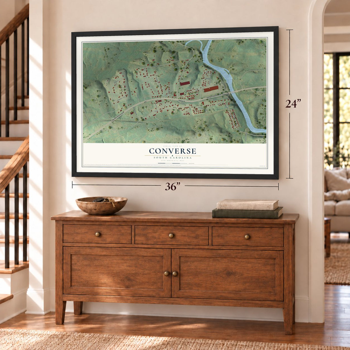 Converse, South Carolina map, 24 x 36 inch print in a black frame above a dresser by a staircase