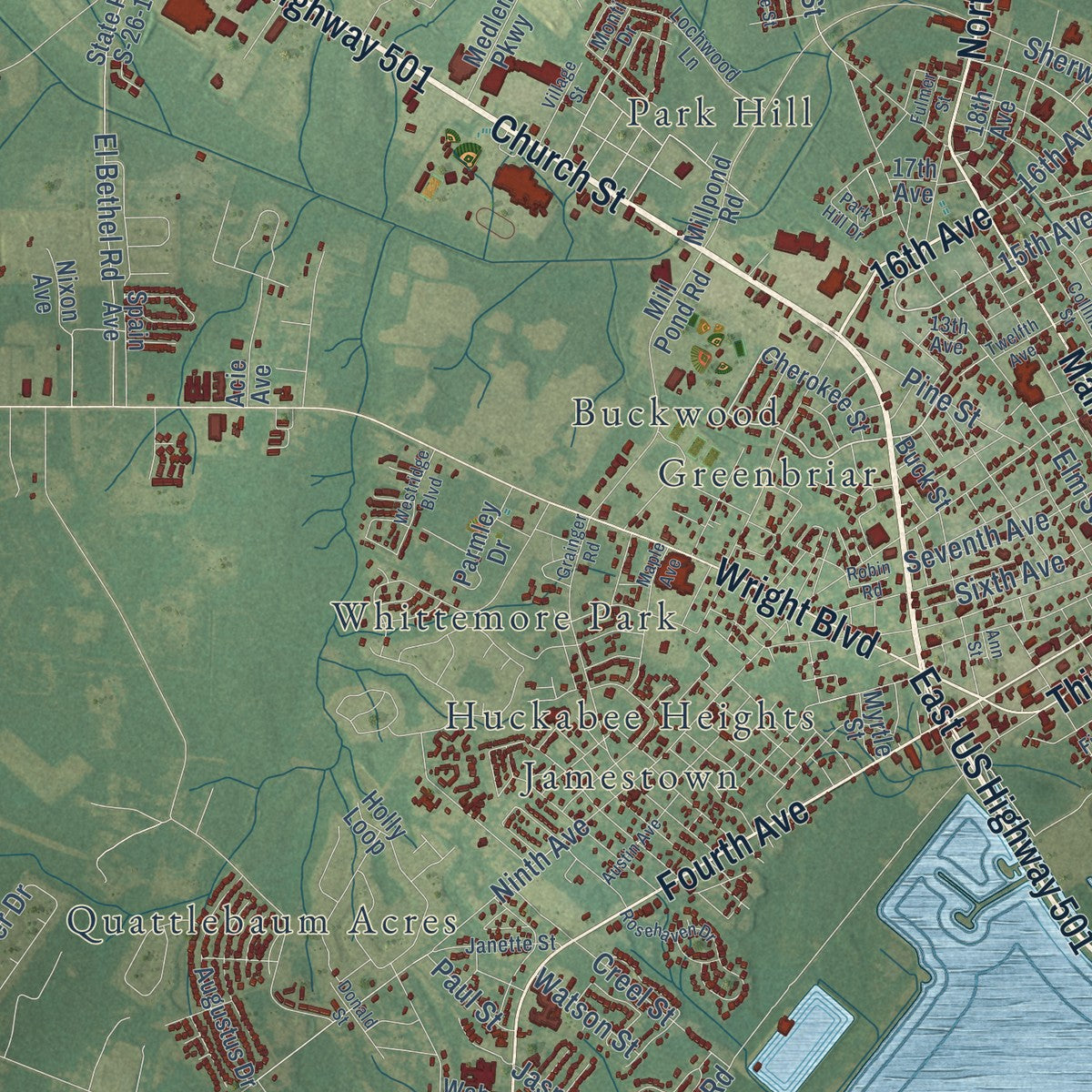 Close-up of the map of Conway, South Carolina print showing street and building detail