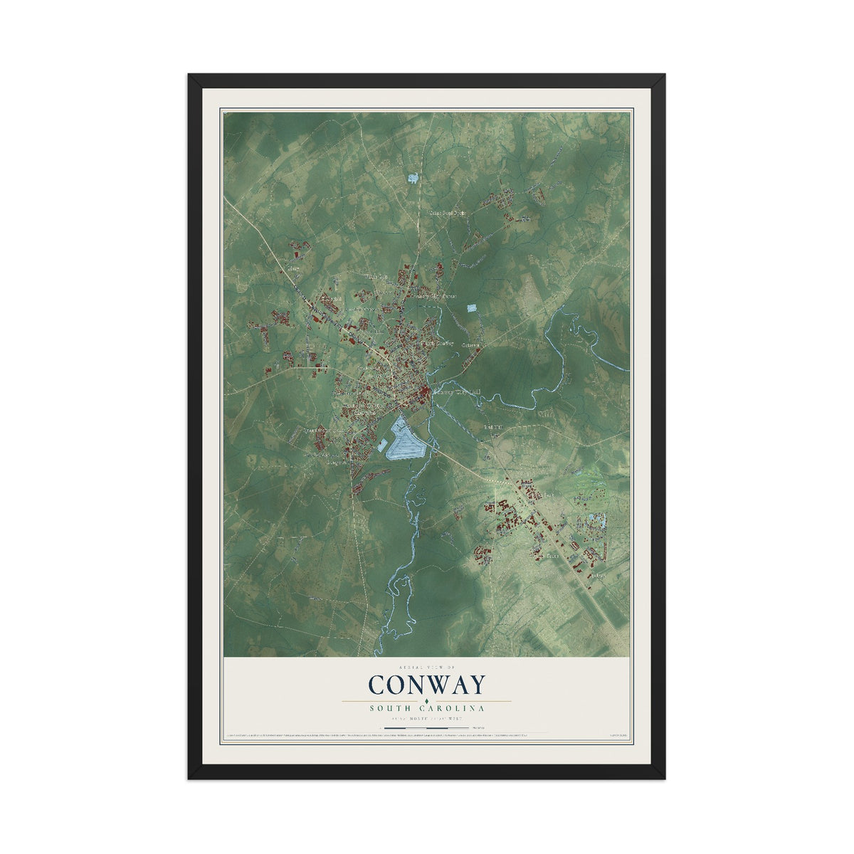 Map of Conway, South Carolina, 12 x 18 inch print in a black wood frame