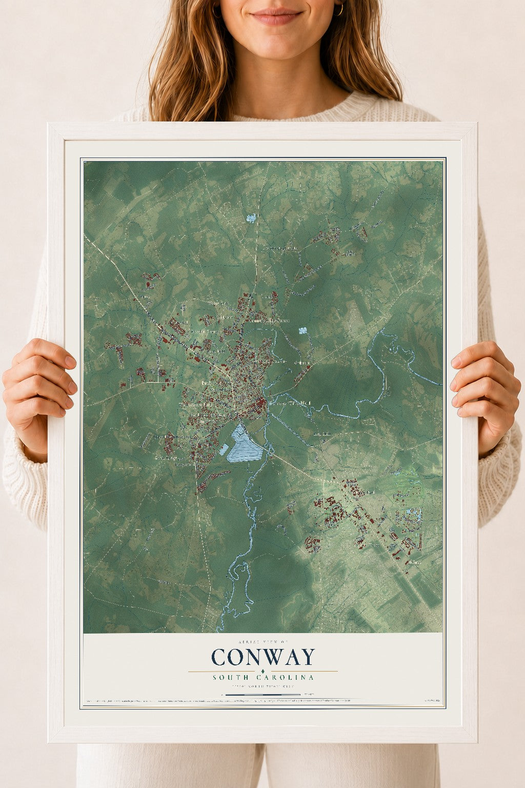 Map of Conway, South Carolina, 18 x 24 inch print in a white wood frame