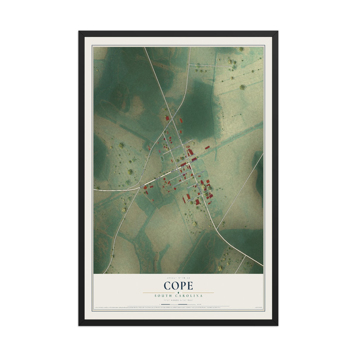 Map of Cope, South Carolina, 12 x 18 inch print in a black wood frame