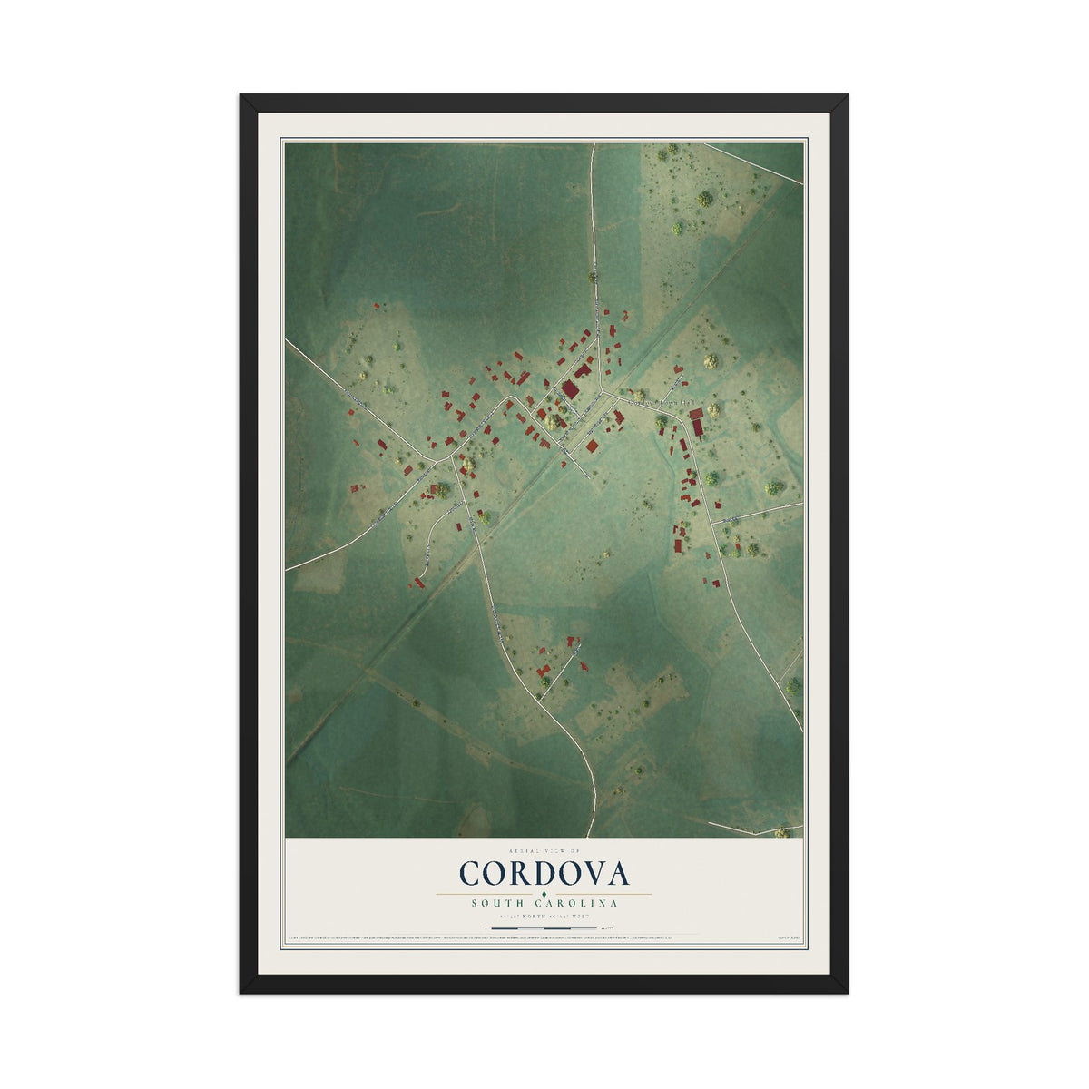 Map of Cordova, South Carolina, 12 x 18 inch print in a black wood frame