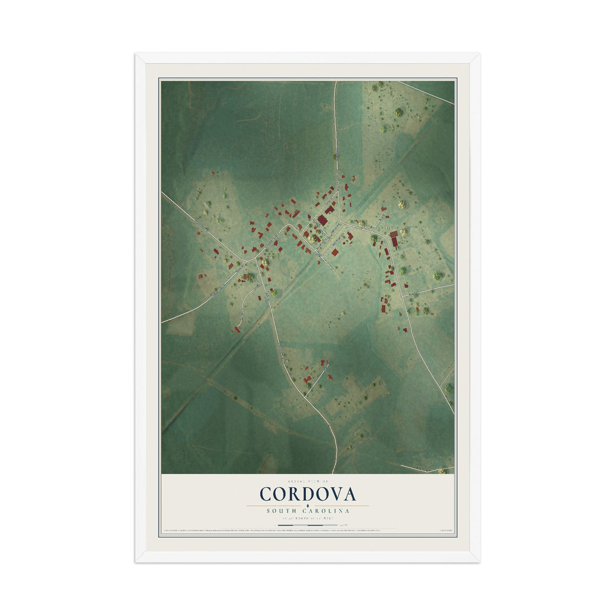 Map of Cordova, South Carolina, 12 x 18 inch print in a white wood frame