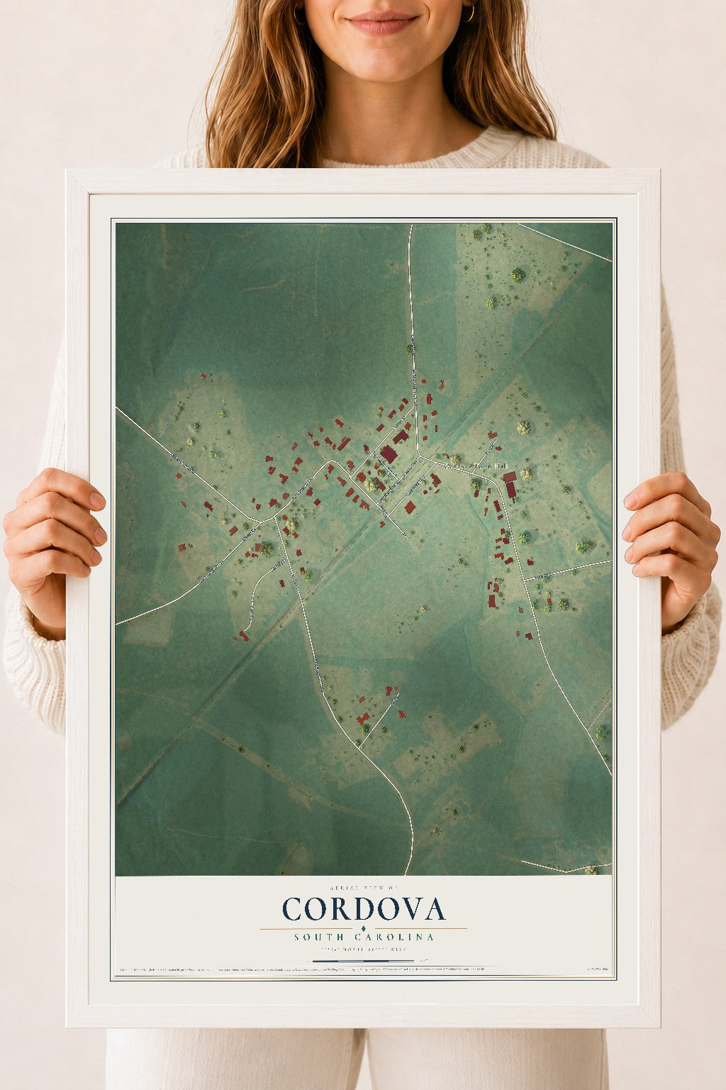 Map of Cordova, South Carolina, 18 x 24 inch print in a white wood frame