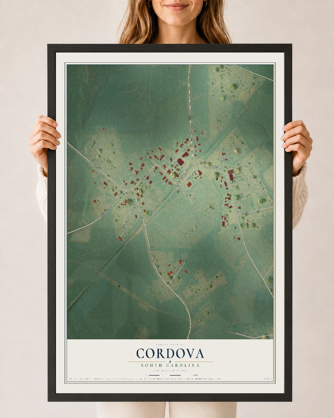 Map of Cordova, South Carolina, 24 x 36 inch print in a black wood frame