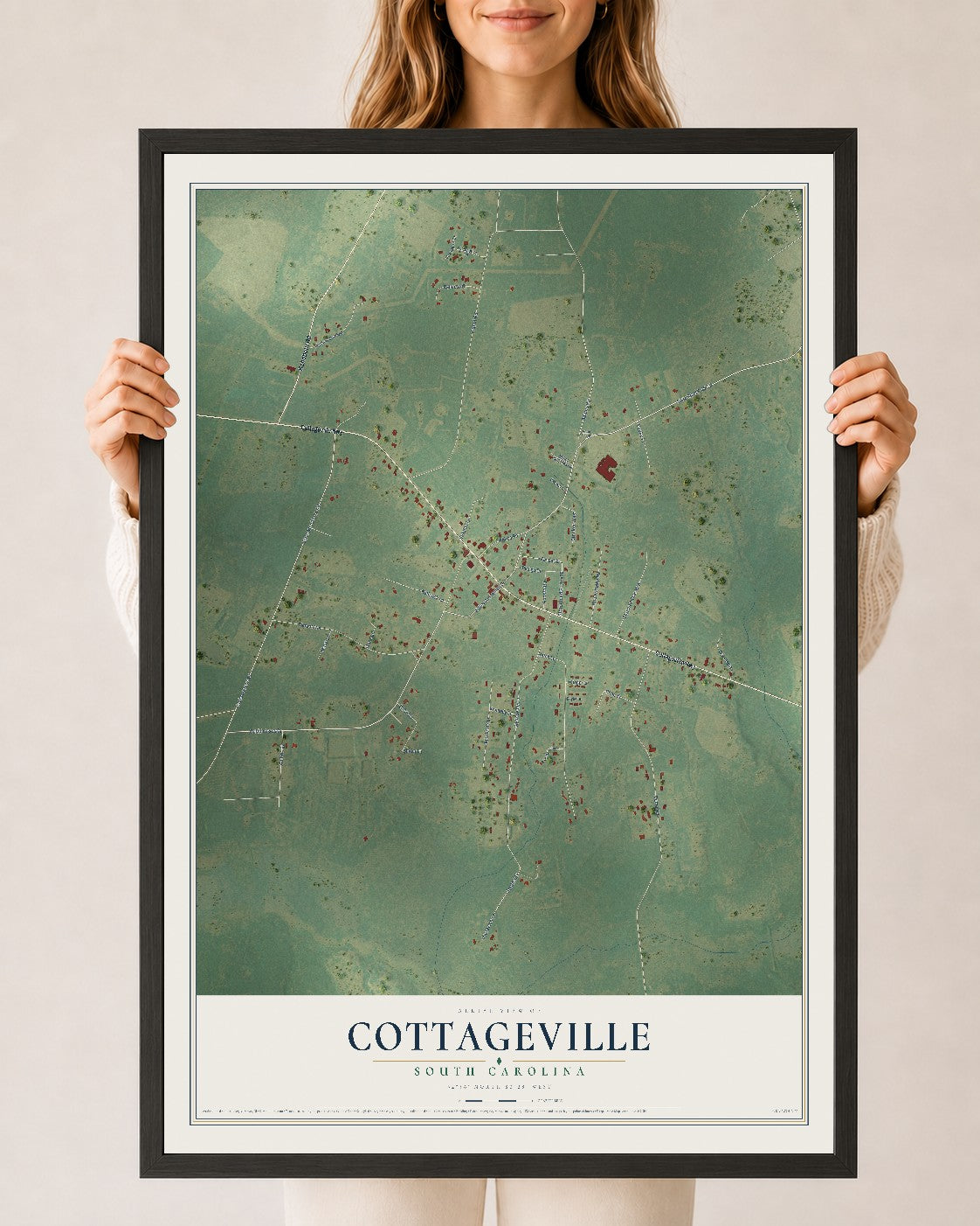 Map of Cottageville, South Carolina, 24 x 36 inch print in a black wood frame