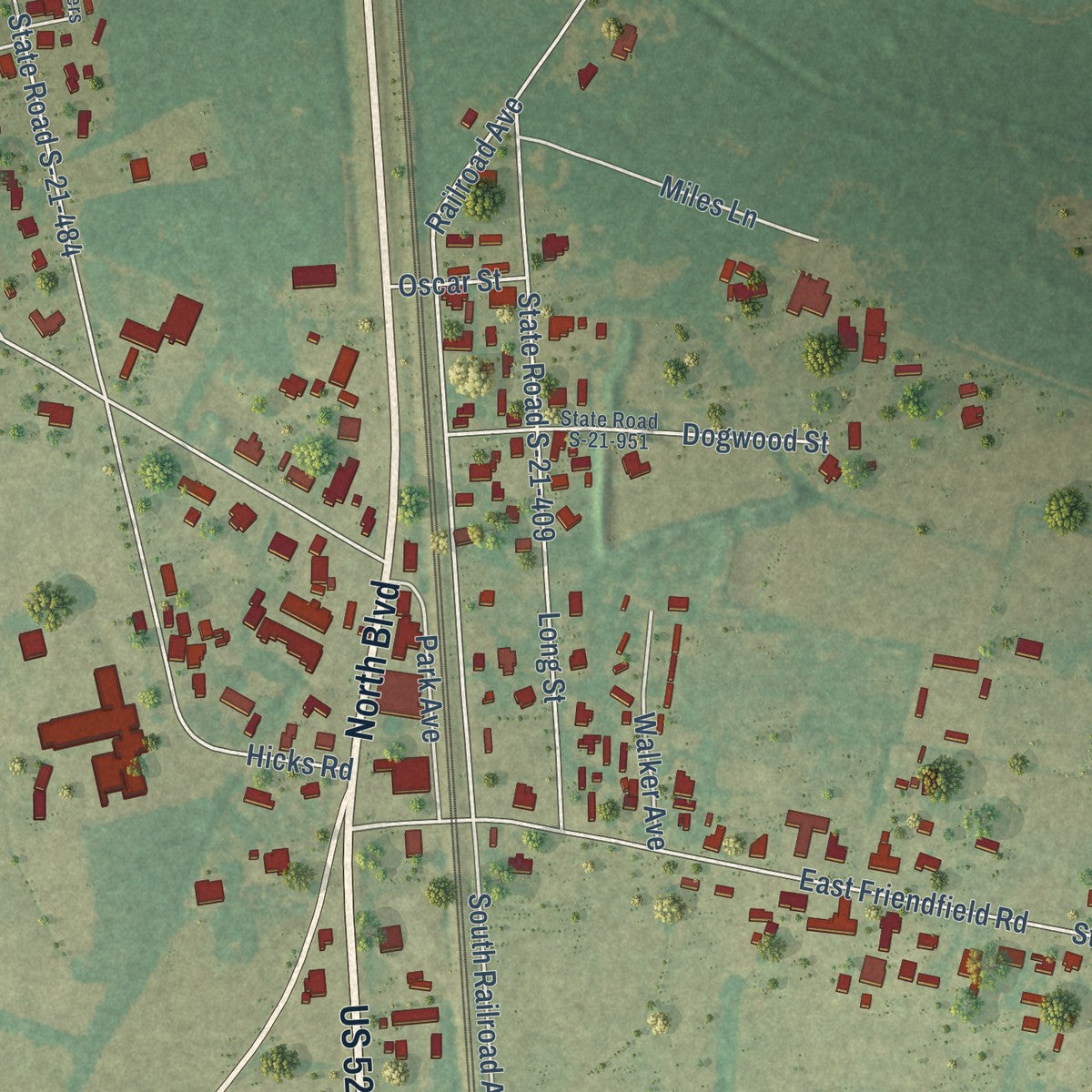 Close-up of the map of Coward, South Carolina print showing street and building detail