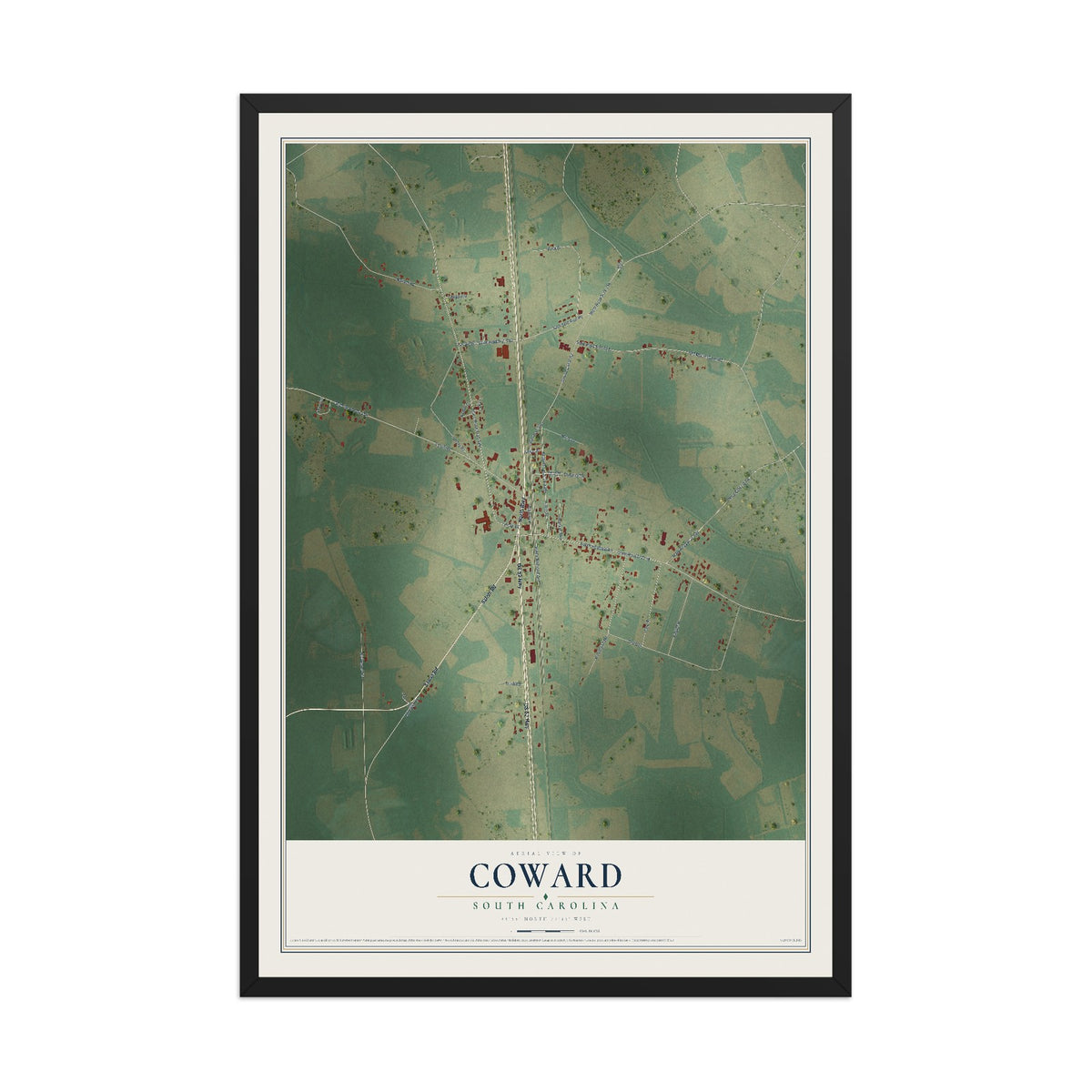 Map of Coward, South Carolina, 12 x 18 inch print in a black wood frame