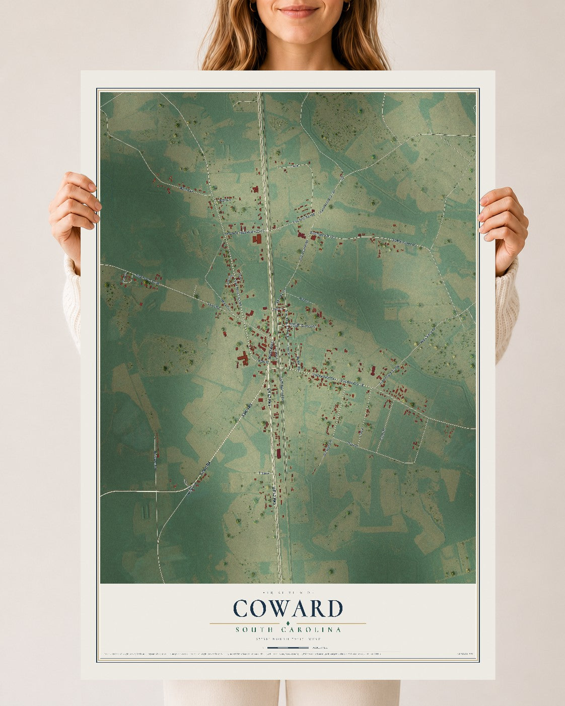 Map of Coward, South Carolina, 24 x 36 inch unframed archival matte print