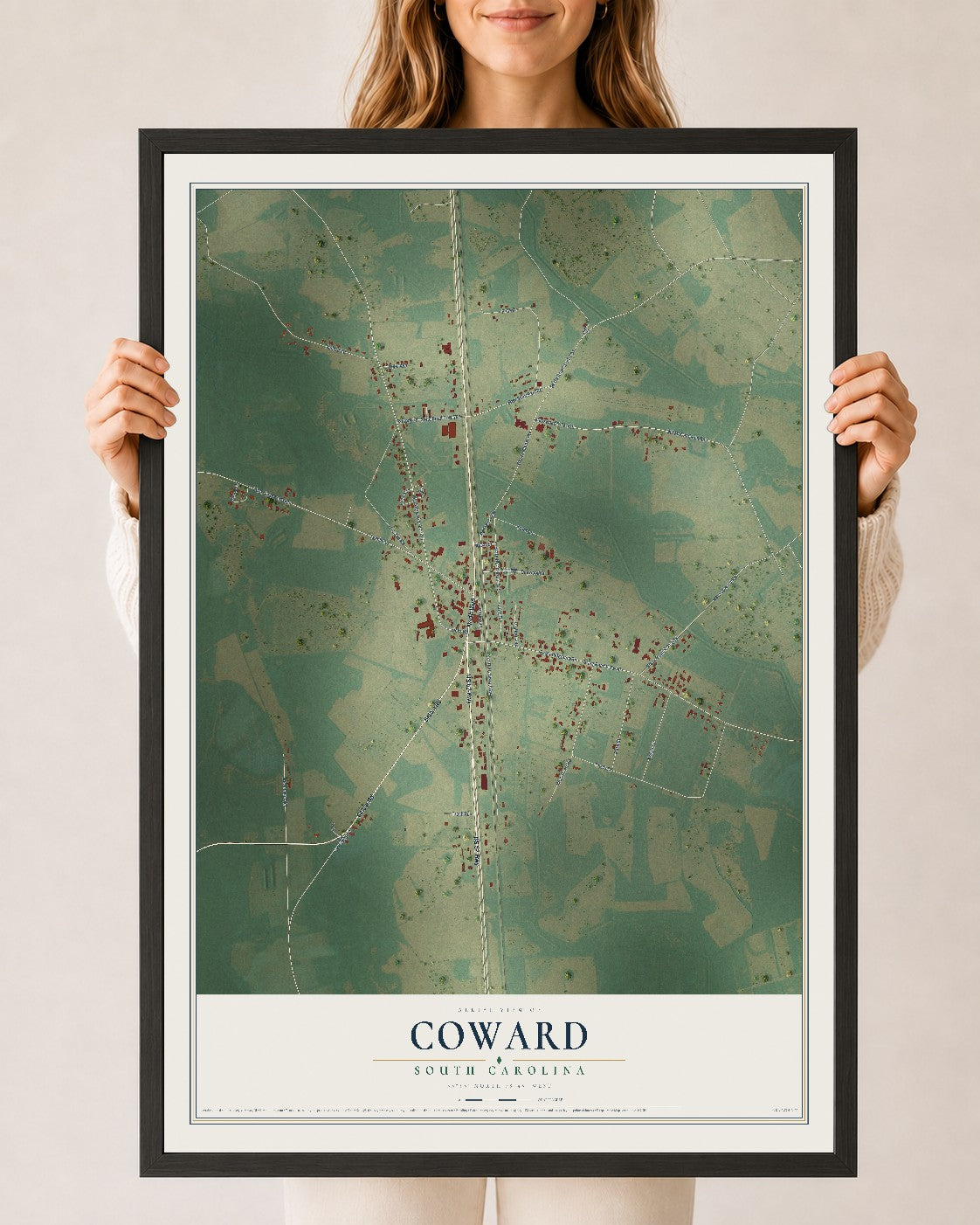 Map of Coward, South Carolina, 24 x 36 inch print in a black wood frame