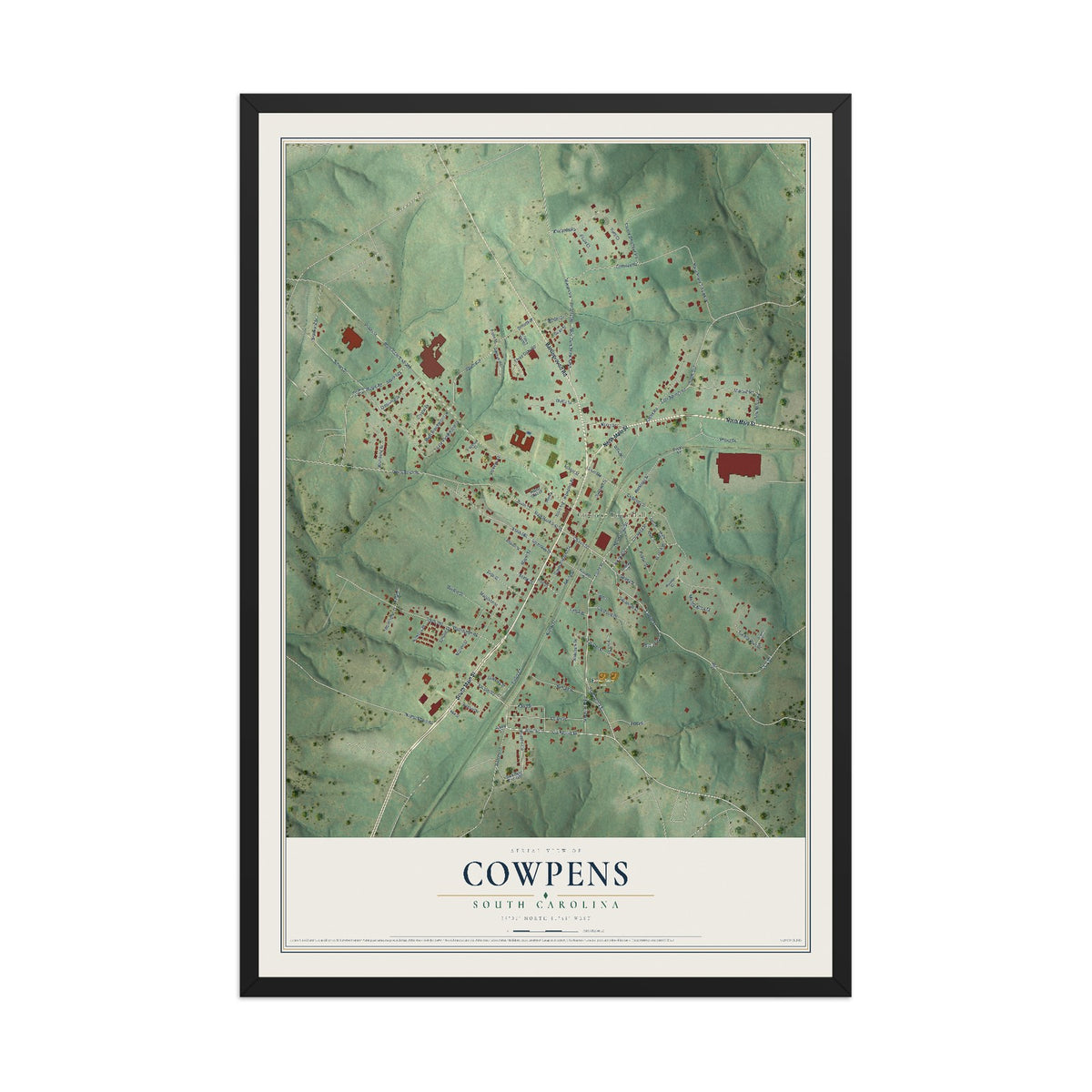 Map of Cowpens, South Carolina, 12 x 18 inch print in a black wood frame