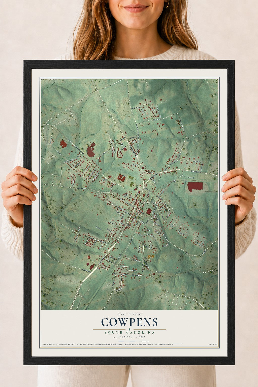 Map of Cowpens, South Carolina, 18 x 24 inch print in a black wood frame