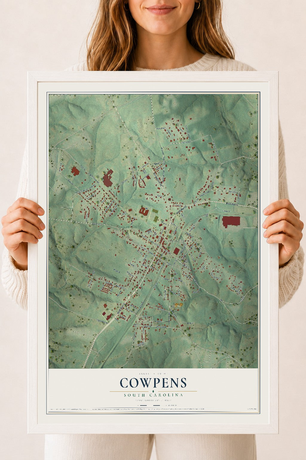 Map of Cowpens, South Carolina, 18 x 24 inch print in a white wood frame