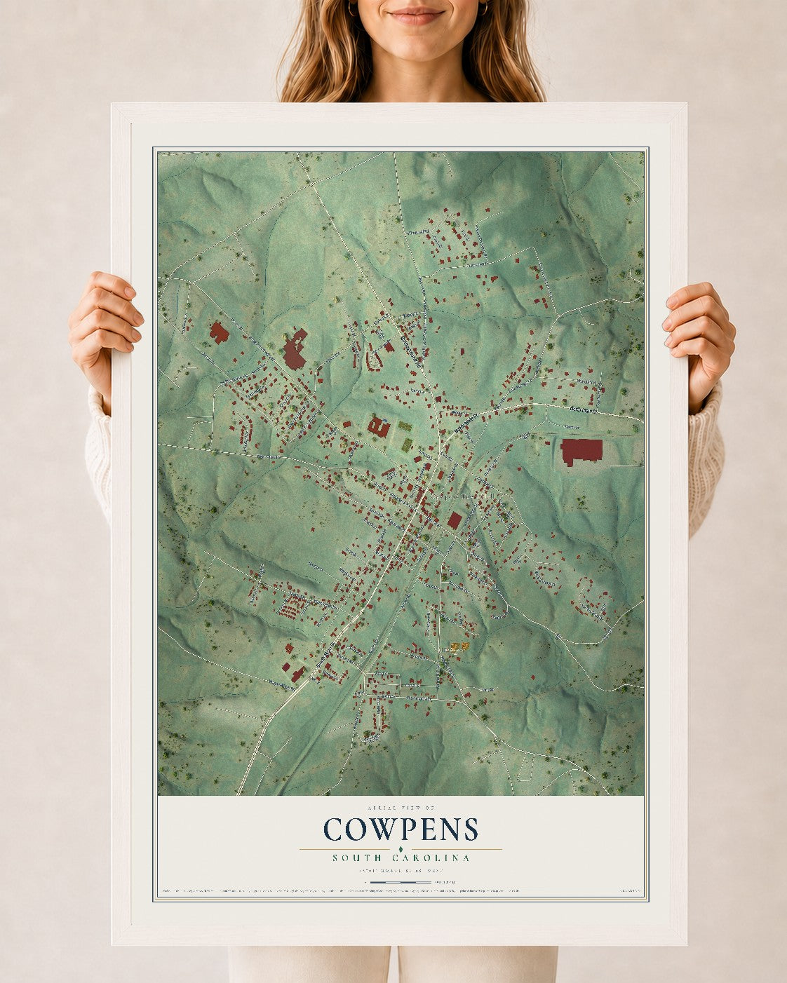 Map of Cowpens, South Carolina, 24 x 36 inch print in a white wood frame