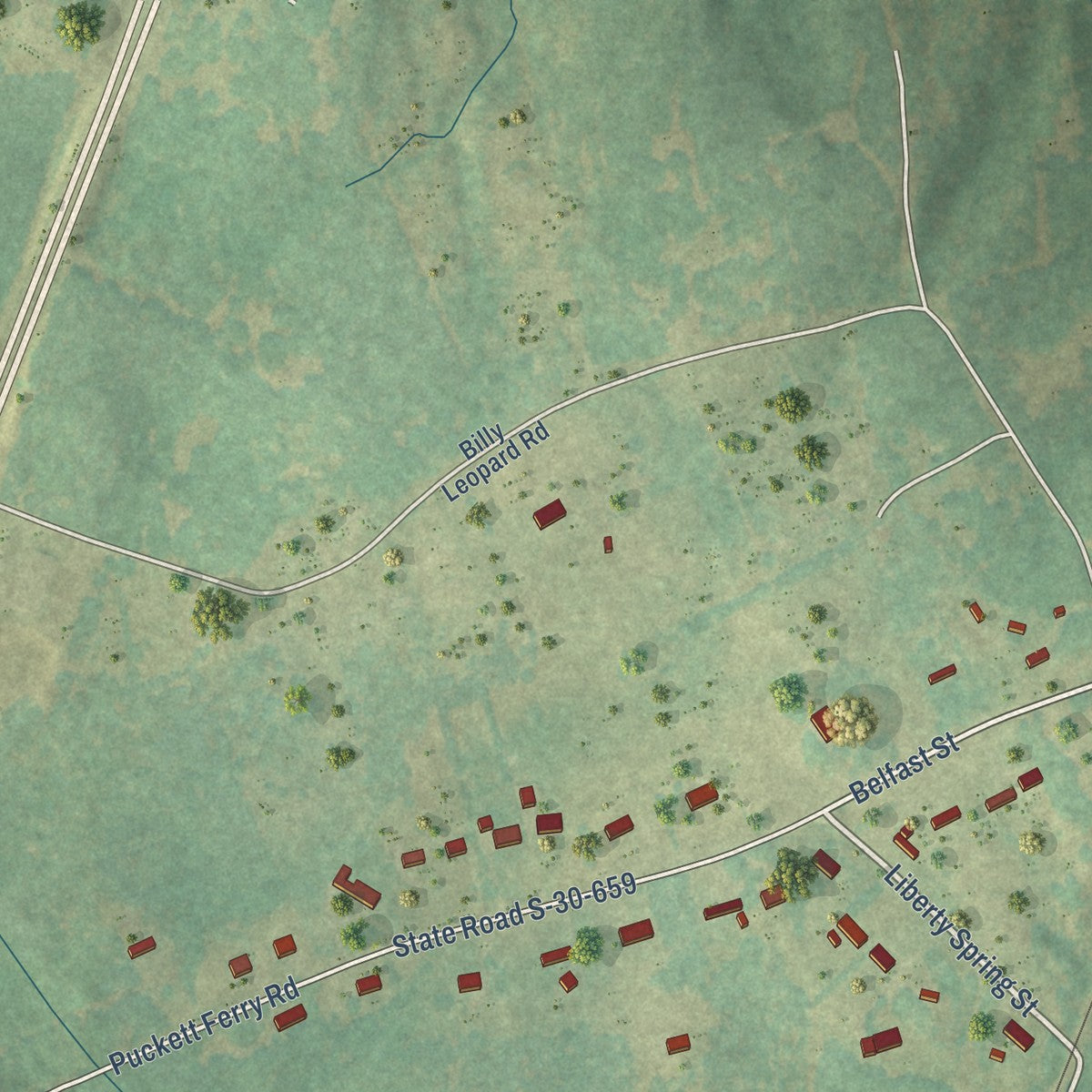 Second close-up of the map of Cross Hill, South Carolina print showing more streets and buildings