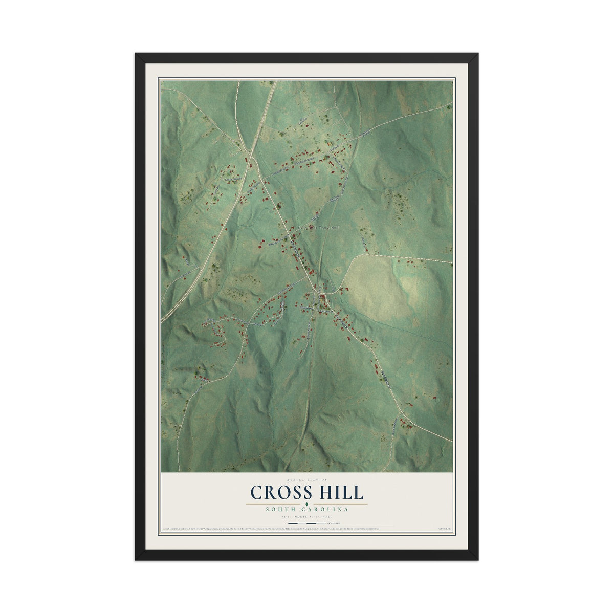 Map of Cross Hill, South Carolina, 12 x 18 inch print in a black wood frame