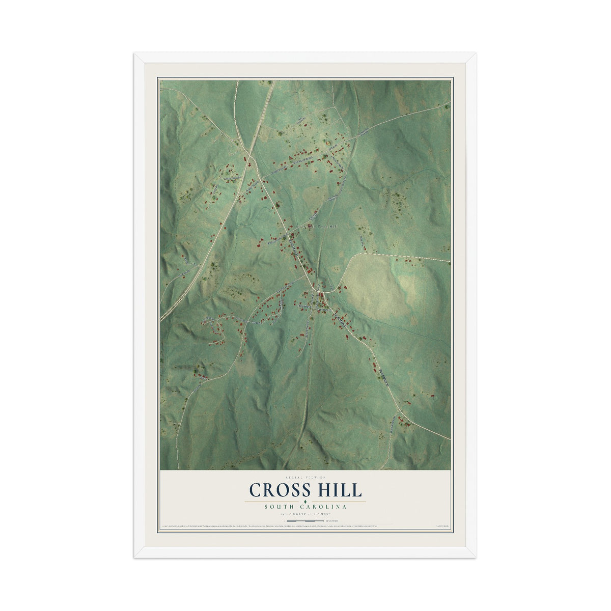 Map of Cross Hill, South Carolina, 12 x 18 inch print in a white wood frame