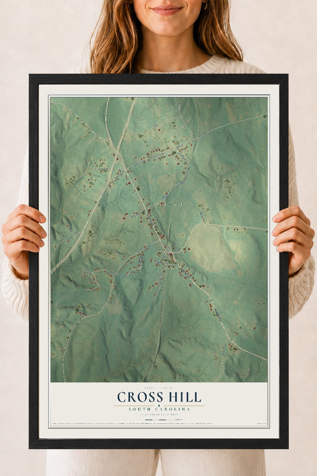 Map of Cross Hill, South Carolina, 18 x 24 inch print in a black wood frame