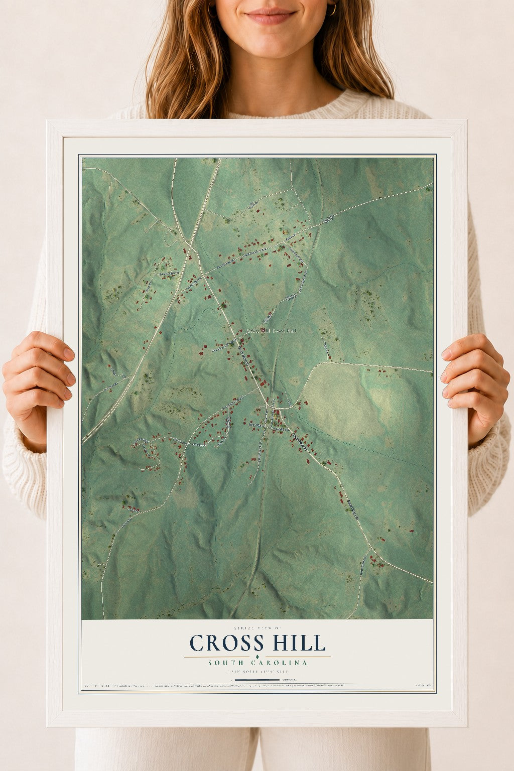 Map of Cross Hill, South Carolina, 18 x 24 inch print in a white wood frame