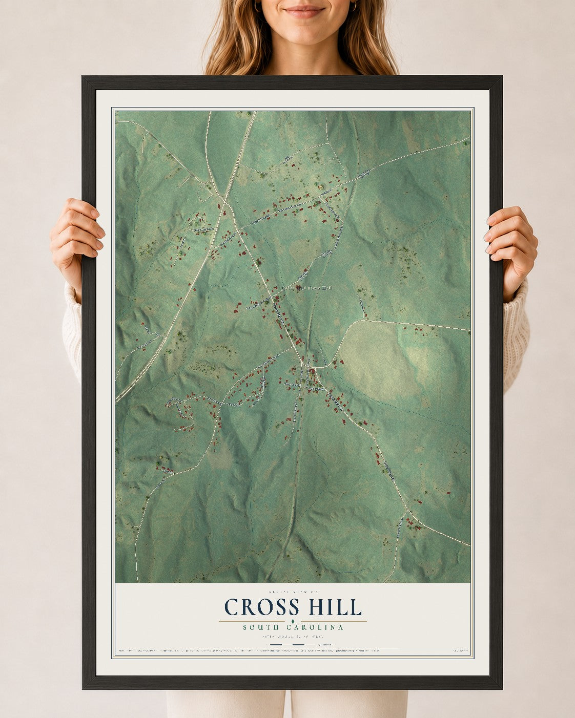 Map of Cross Hill, South Carolina, 24 x 36 inch print in a black wood frame