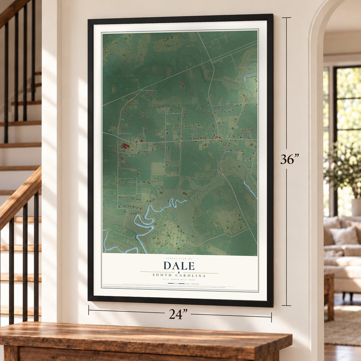 Dale, South Carolina map, 24 x 36 inch print in a black frame by a staircase