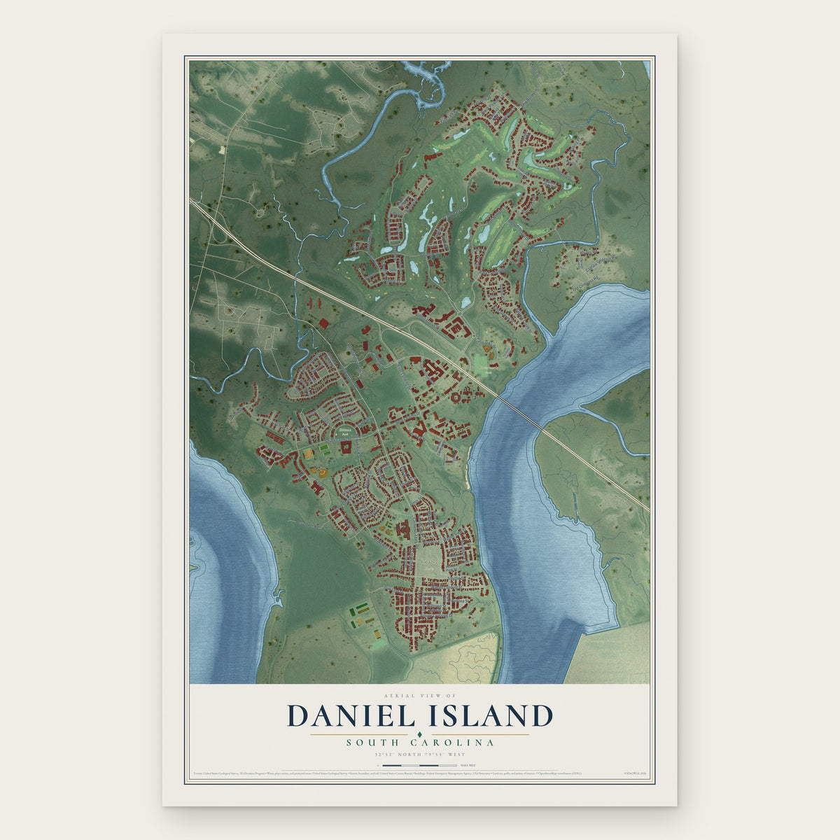 Daniel Island, South Carolina map print, the full design