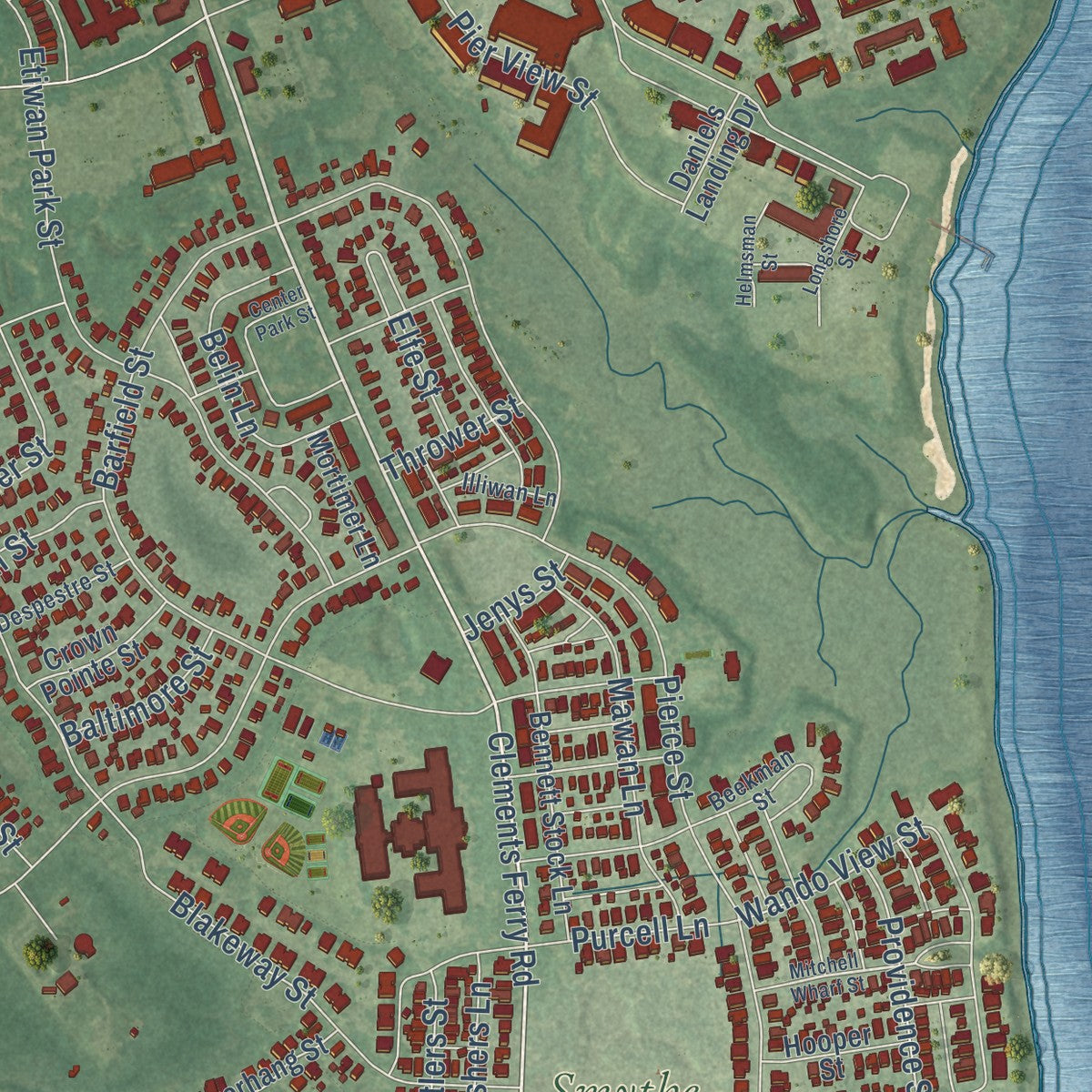 Close-up of the map of Daniel Island, South Carolina print showing street and building detail