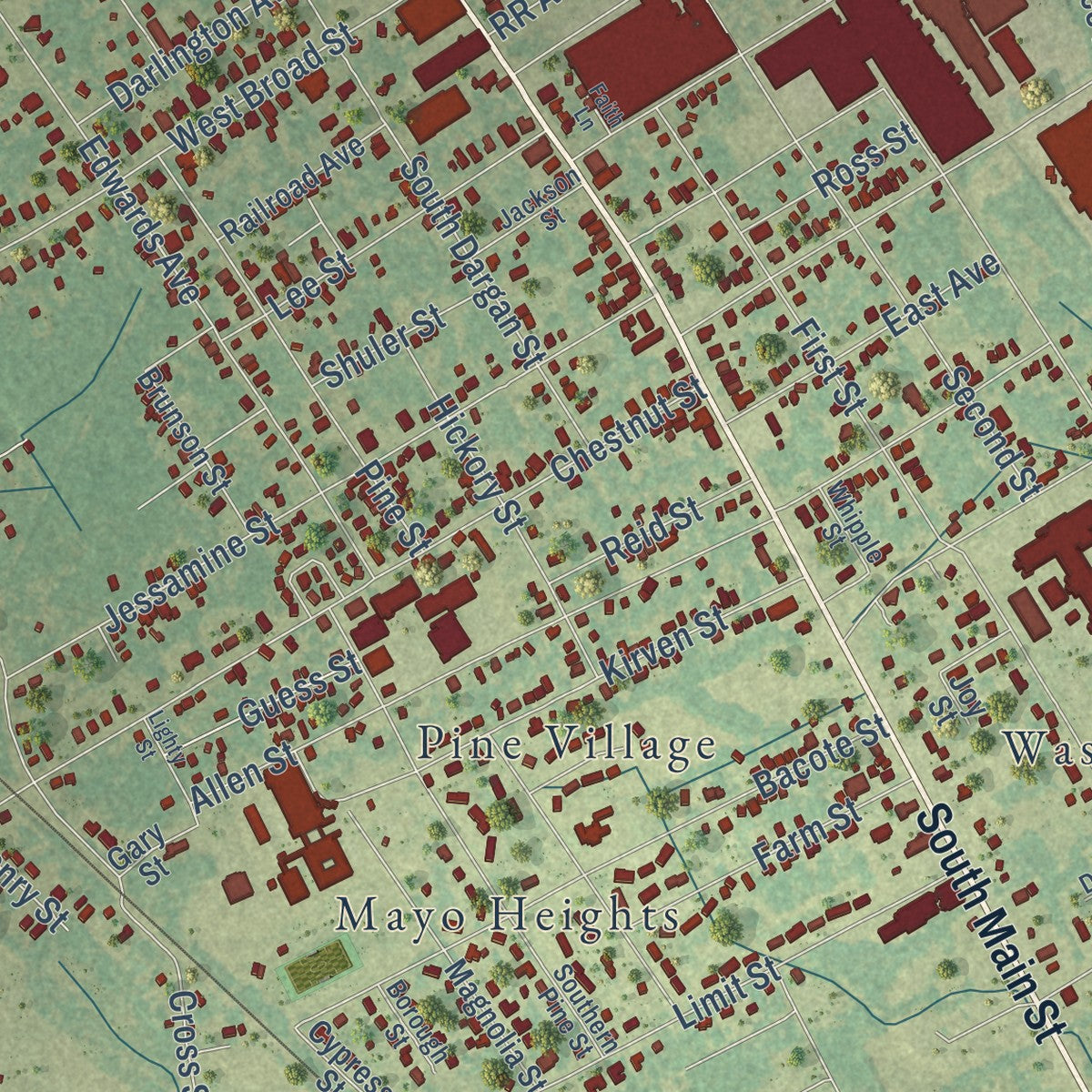 Close-up of the map of Darlington, South Carolina print showing street and building detail