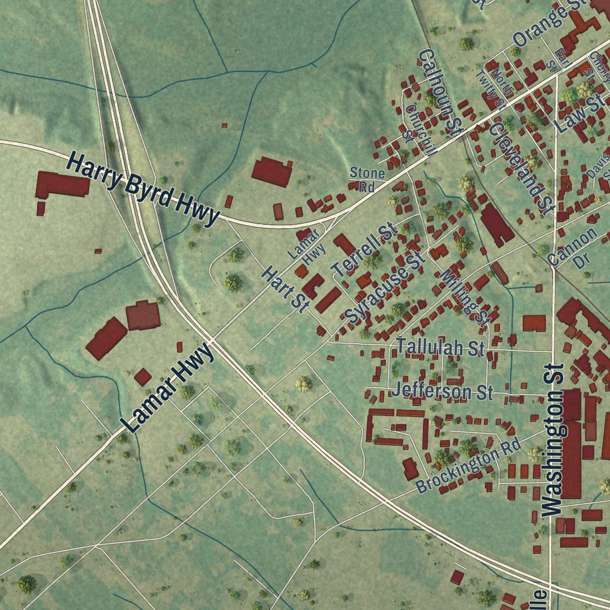 Second close-up of the map of Darlington, South Carolina print showing more streets and buildings