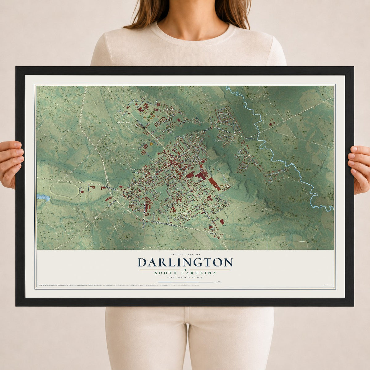 Map of Darlington, South Carolina, 18 x 24 inch print in a black wood frame