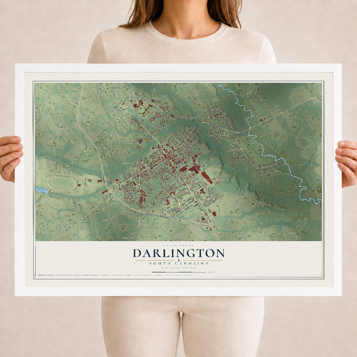 Map of Darlington, South Carolina, 18 x 24 inch print in a white wood frame