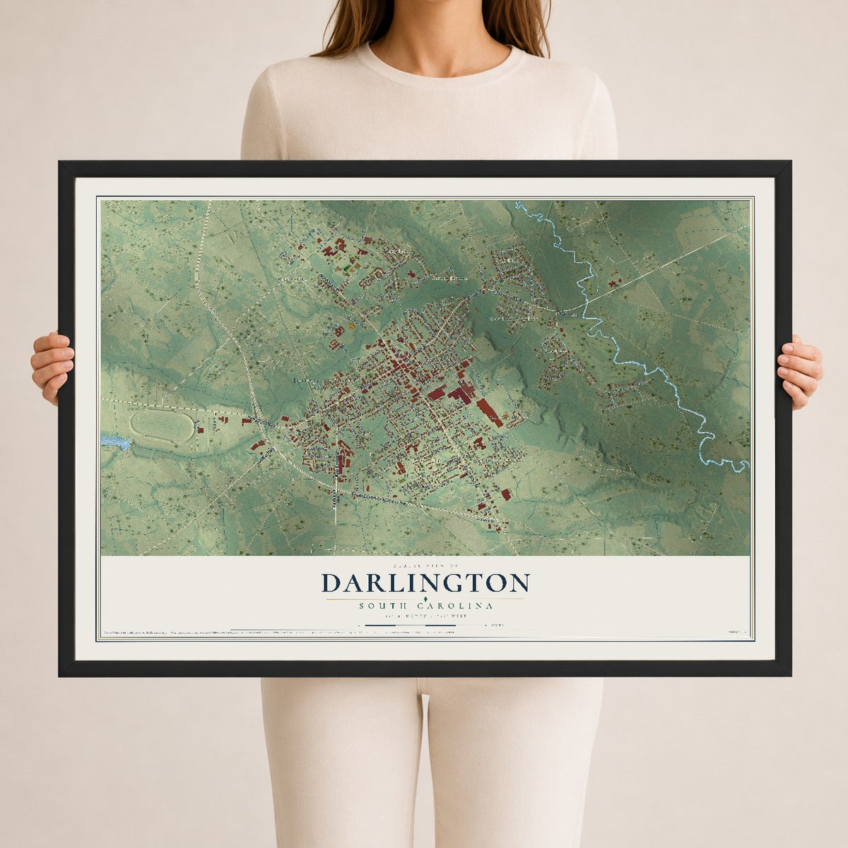 Map of Darlington, South Carolina, 24 x 36 inch print in a black wood frame