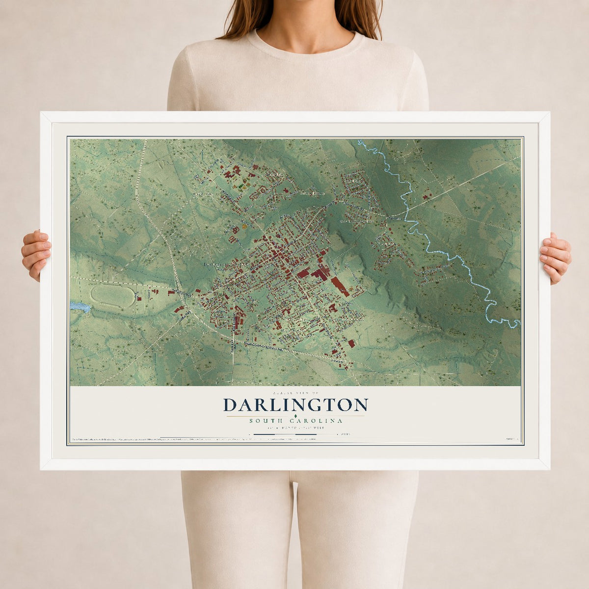 Map of Darlington, South Carolina, 24 x 36 inch print in a white wood frame