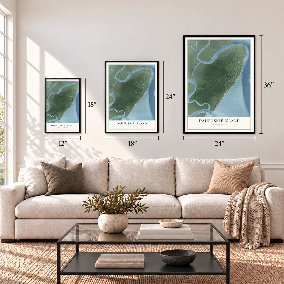Daufuskie Island, South Carolina map in 12 x 18, 18 x 24 and 24 x 36 inch sizes above a sofa
