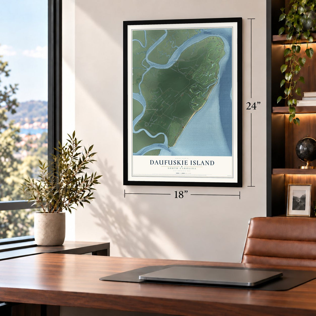 Daufuskie Island, South Carolina map, 18 x 24 inch print in a black frame in a home office