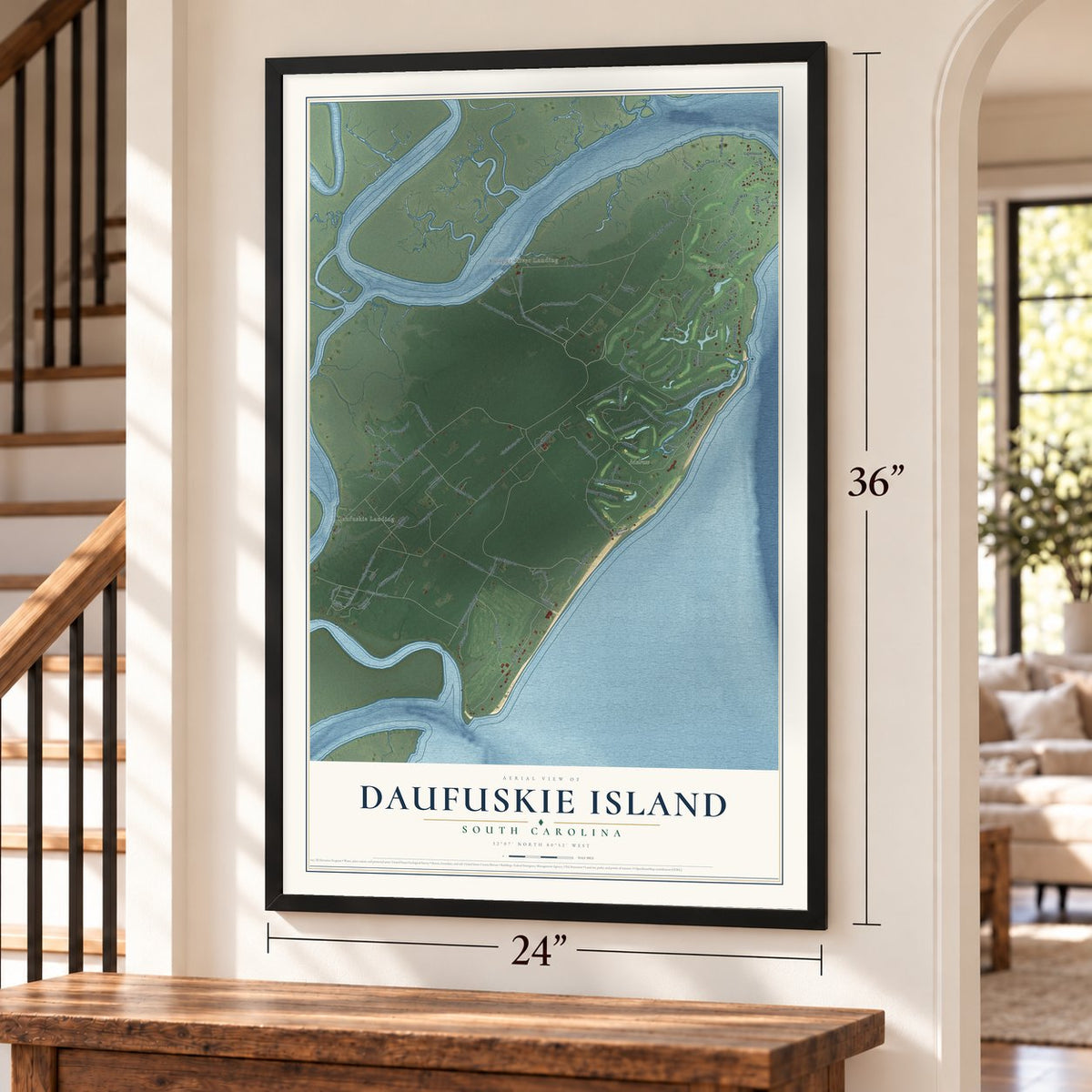 Daufuskie Island, South Carolina map, 24 x 36 inch print in a black frame by a staircase