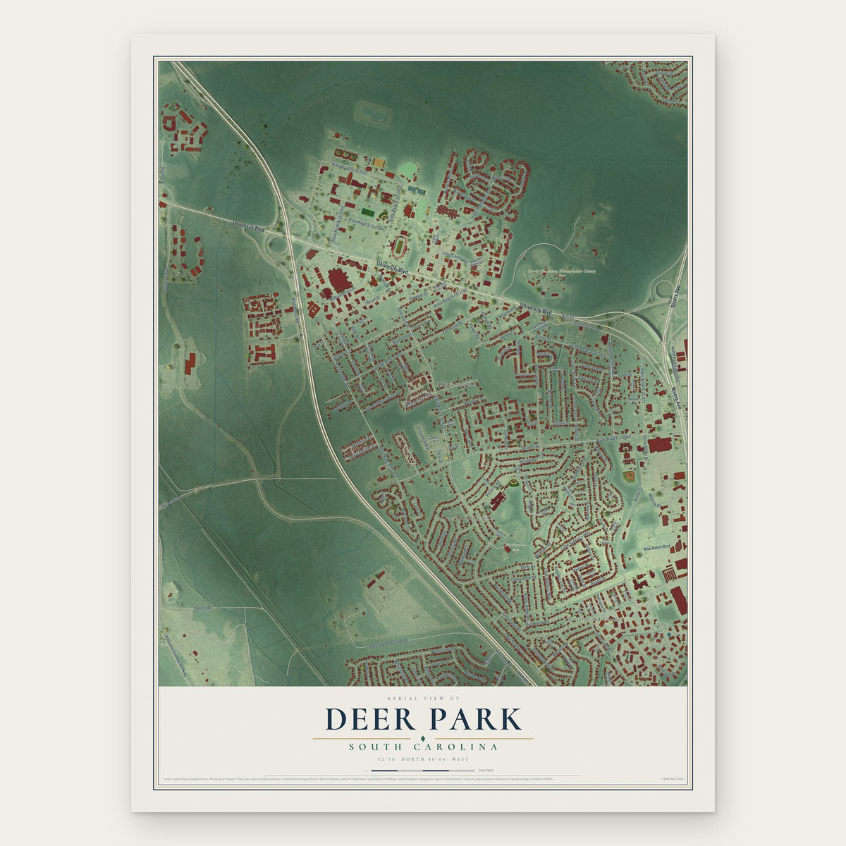 Deer Park, South Carolina map print, the full design