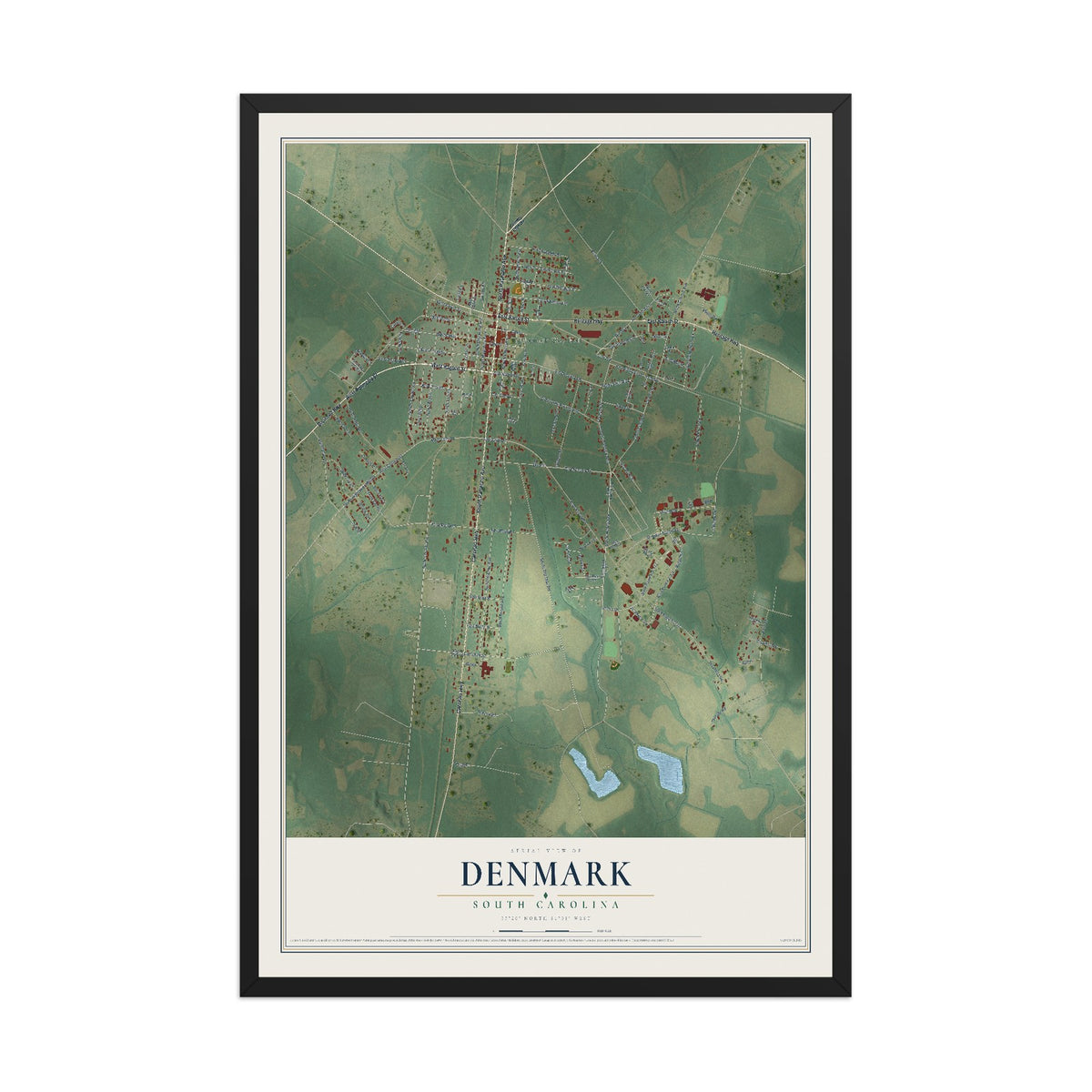 Map of Denmark, South Carolina, 12 x 18 inch print in a black wood frame