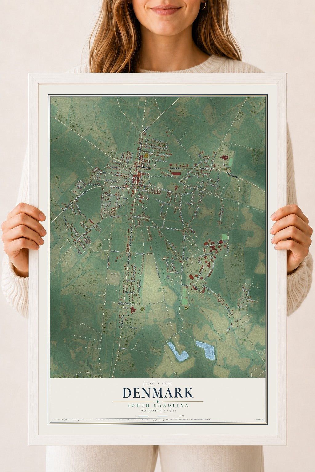 Map of Denmark, South Carolina, 18 x 24 inch print in a white wood frame
