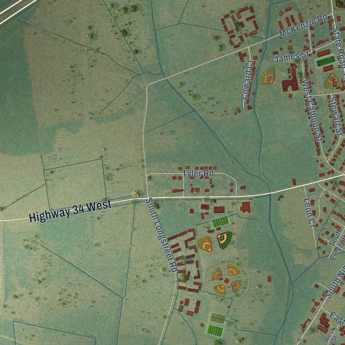 Second close-up of the map of Dillon, South Carolina print showing more streets and buildings
