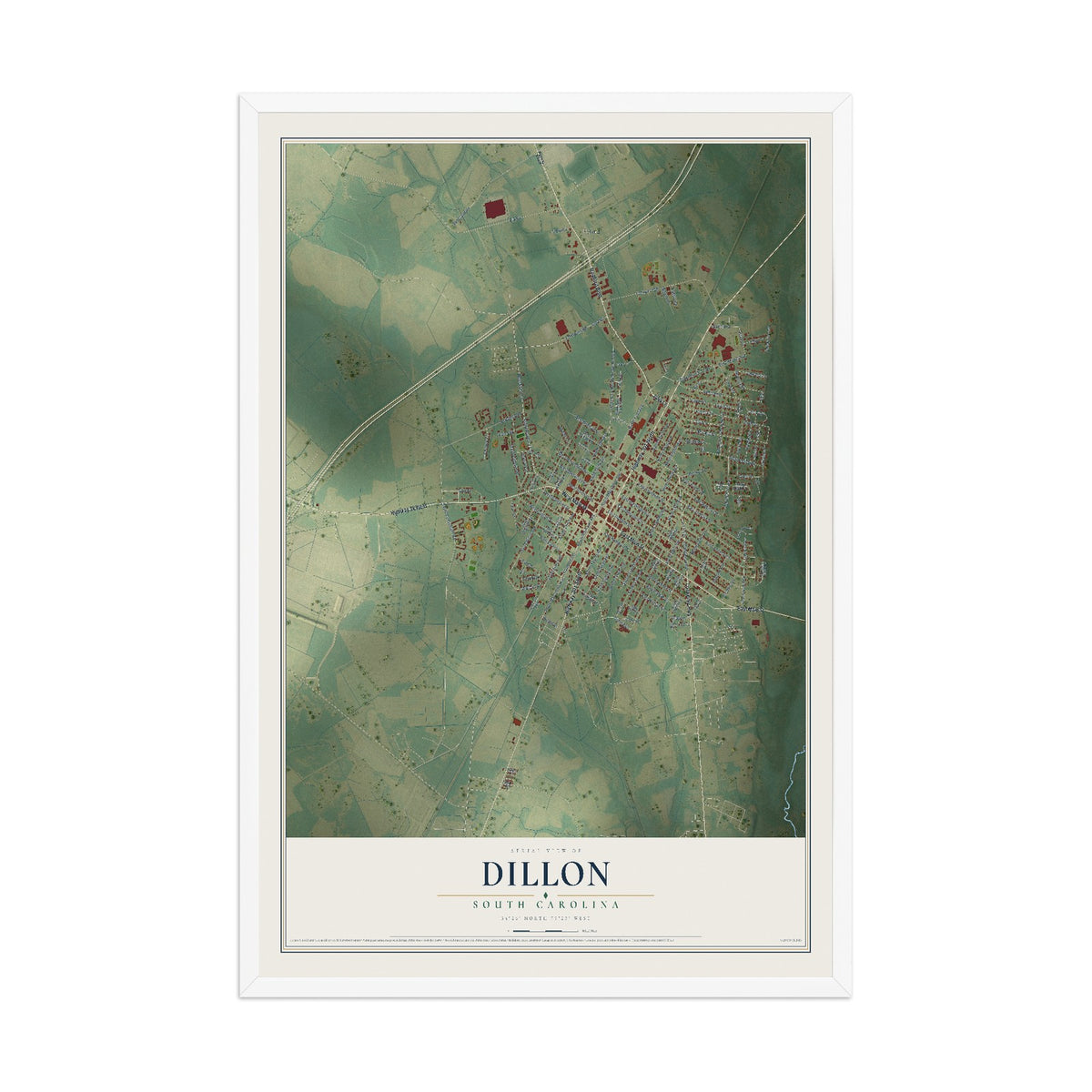 Map of Dillon, South Carolina, 12 x 18 inch print in a white wood frame