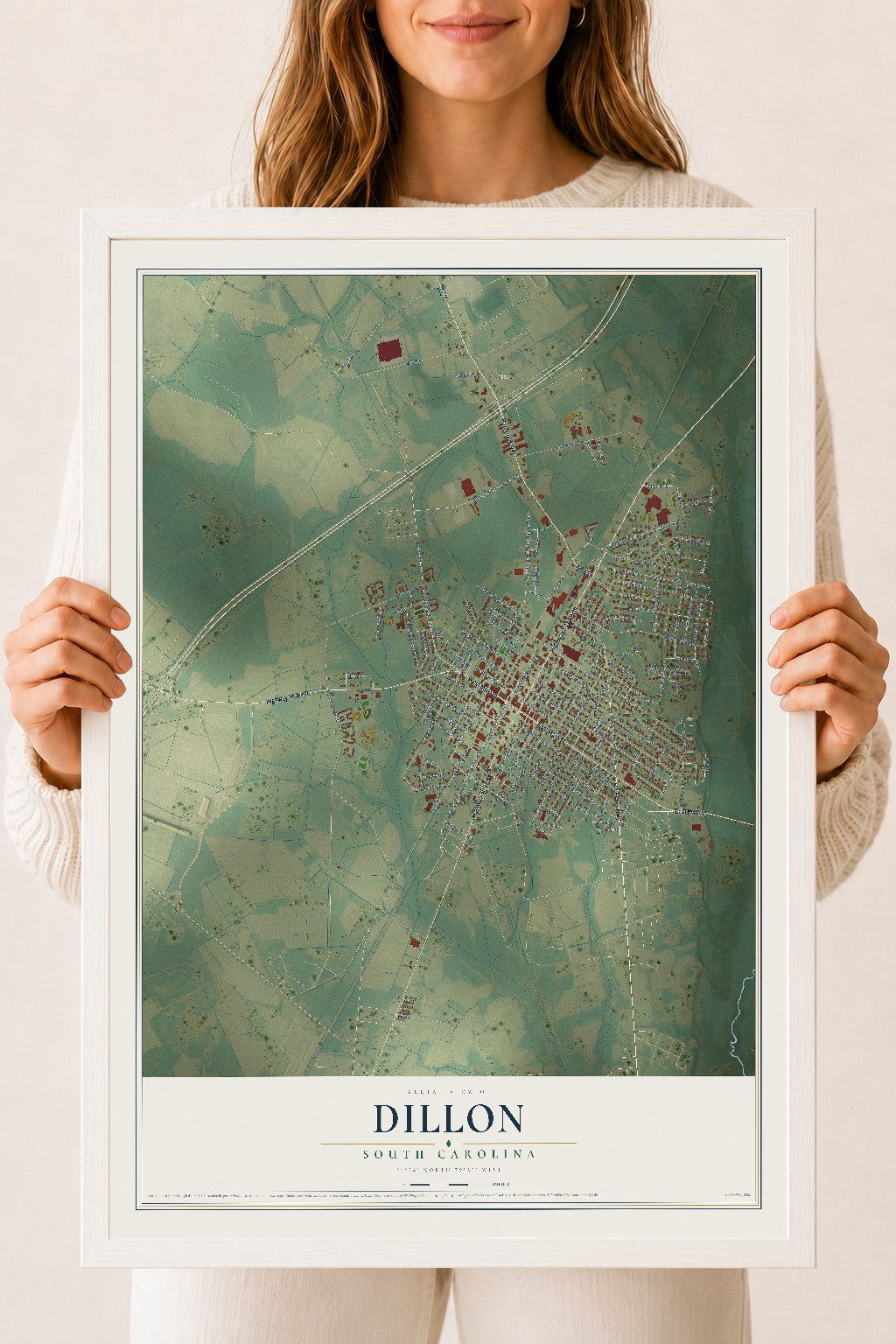 Map of Dillon, South Carolina, 18 x 24 inch print in a white wood frame