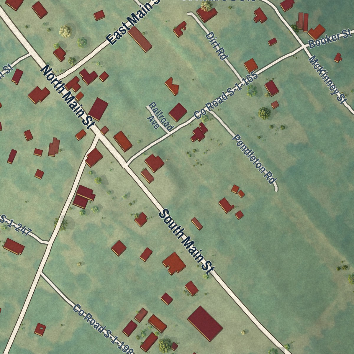 Close-up of the map of Donalds, South Carolina print showing street and building detail