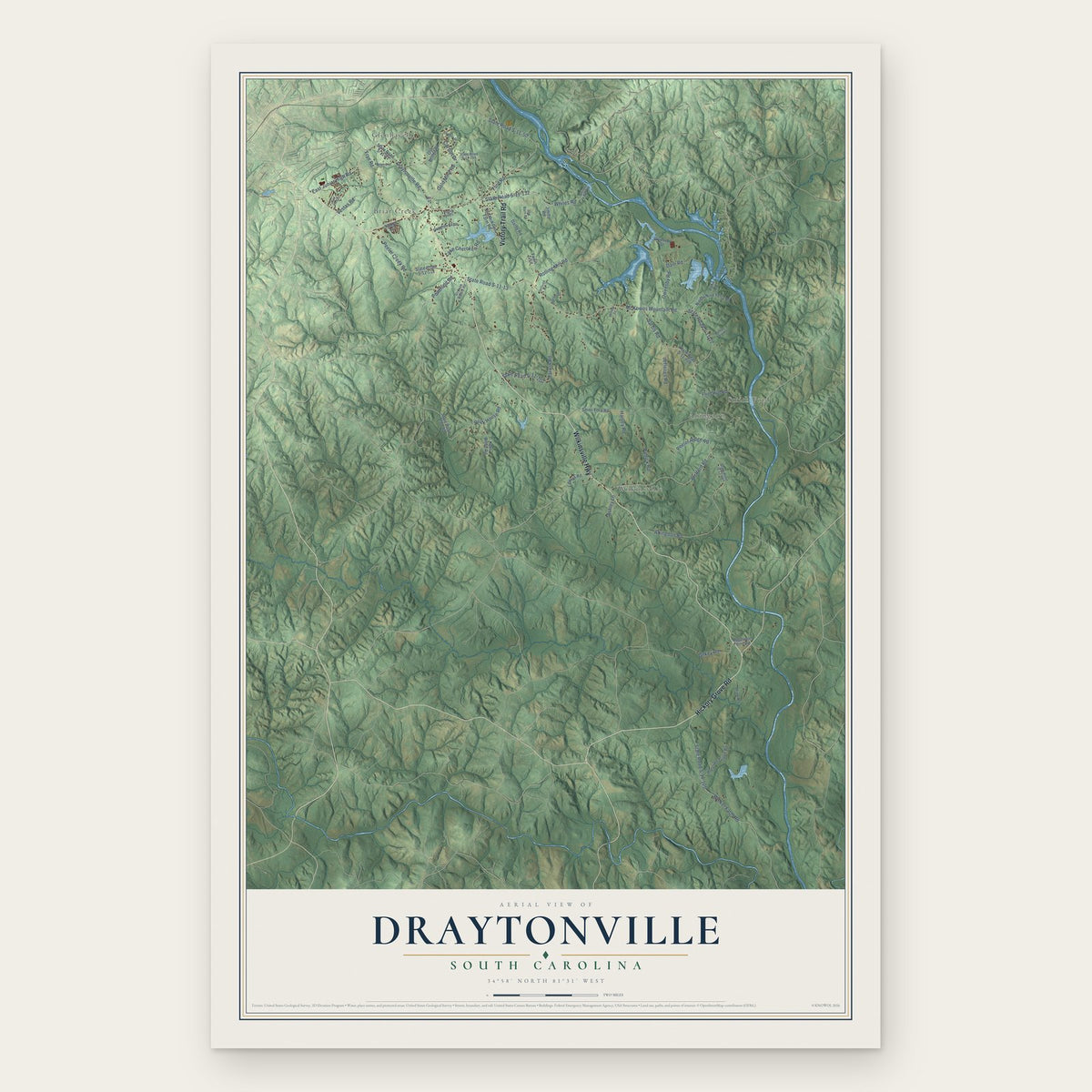 Draytonville, South Carolina map print, the full design