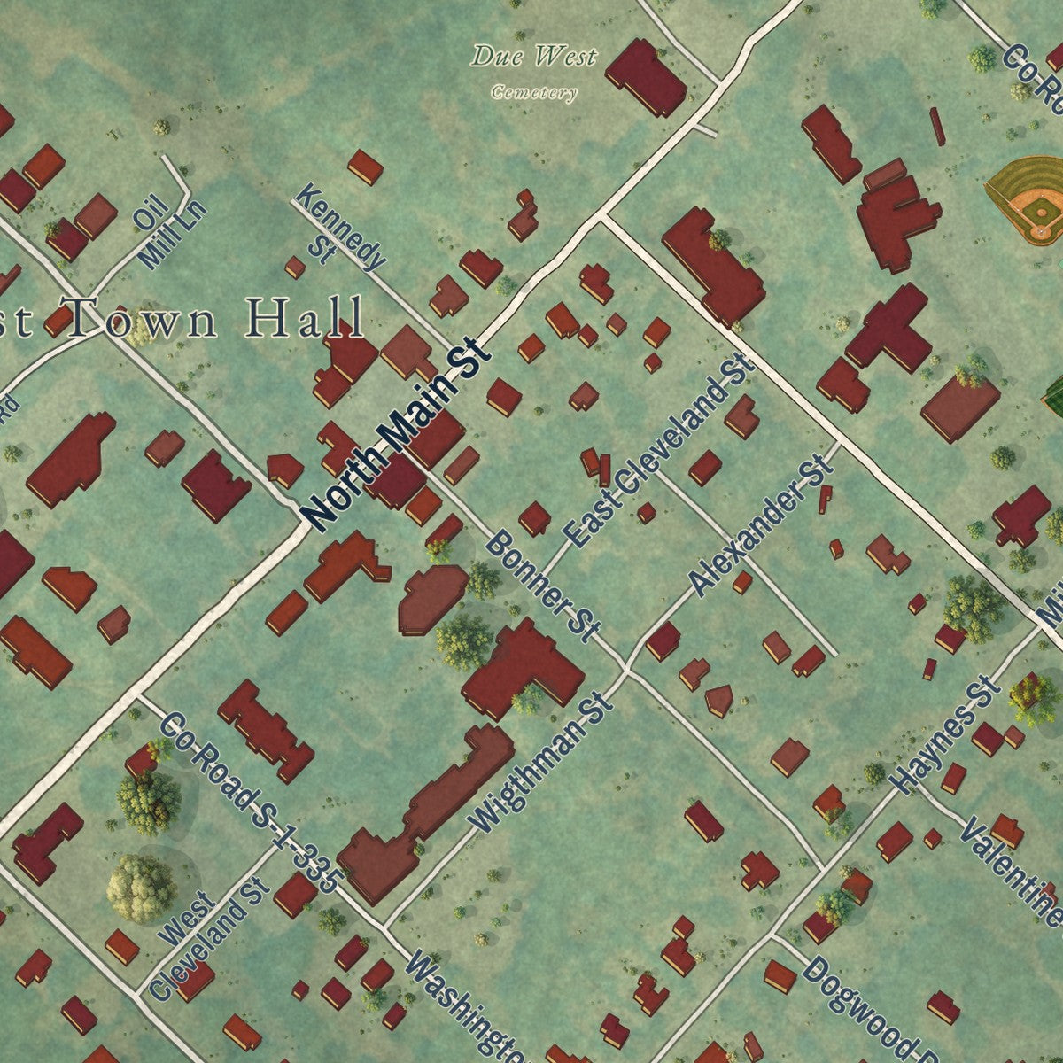 Close-up of the map of Due West, South Carolina print showing street and building detail