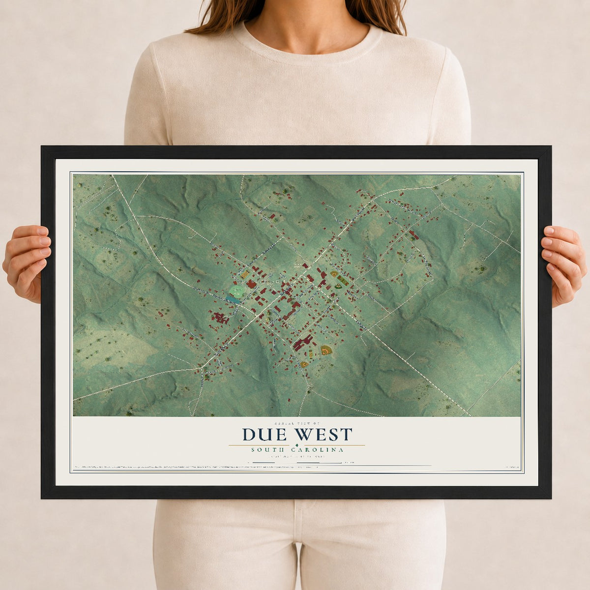 Map of Due West, South Carolina, 12 x 18 inch print in a black wood frame