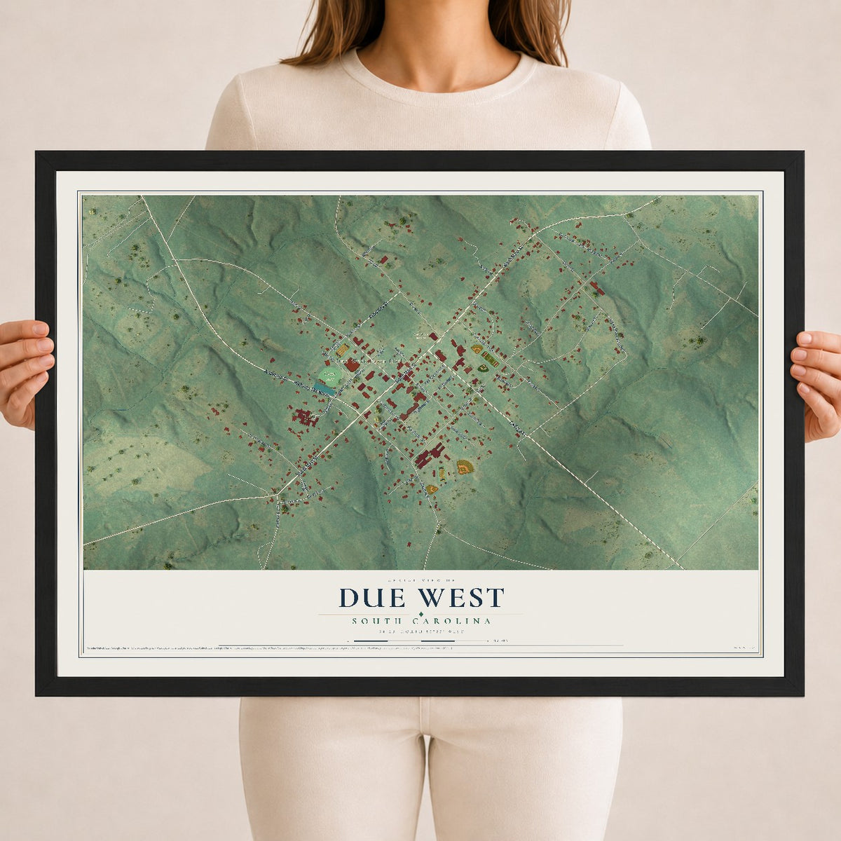 Map of Due West, South Carolina, 18 x 24 inch print in a black wood frame