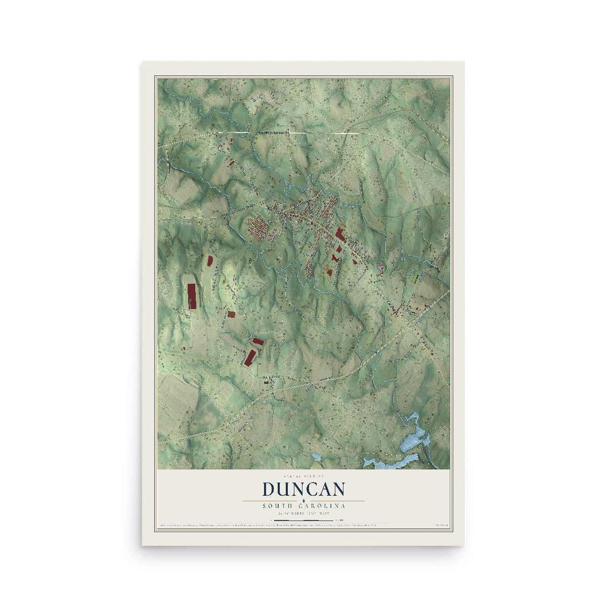 Map of Duncan, South Carolina, 12 x 18 inch unframed archival matte print